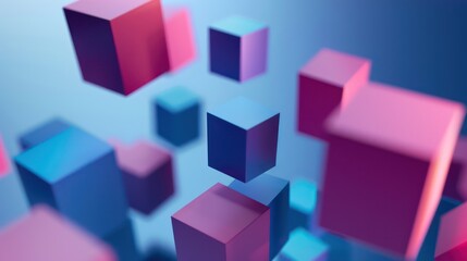 An abstract image of various floating cubes in shades of purple, blue, and red with a soft-focus background