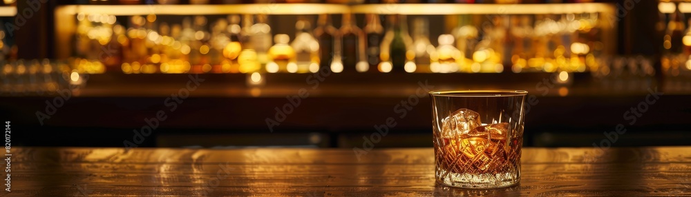 Wall mural a classic presentation of japanese whisky in a fine glass, on a dark wooden bar, with a blurred back