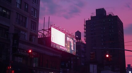 As day gives way to night, a billboard emerges from the darkness, its message illuminated by the soft glow of city lights.