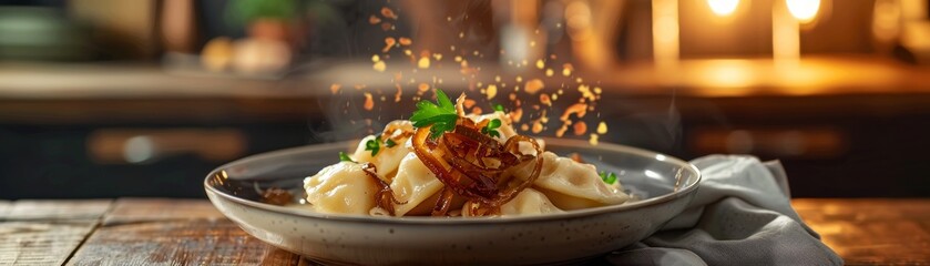 A bowl of Polish pierogi, stuffed with cheese and potatoes, topped with caramelized onions,...