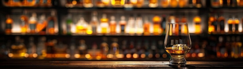 A classic presentation of Japanese whisky in a fine glass, on a dark wooden bar, with a blurred background of bar shelves filled with bottles