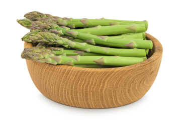 fresh asparagus in wooden bowl isolated on white background