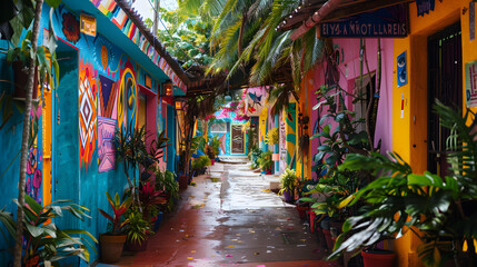 Fototapeta premium A brightly painted alley in a Caribbean town with tropical plants and vivid murals.