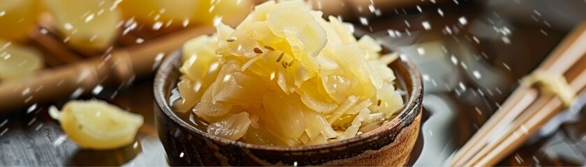 A detailed shot of finely sliced pickled ginger gari, displayed on a small, delicate dish beside a...