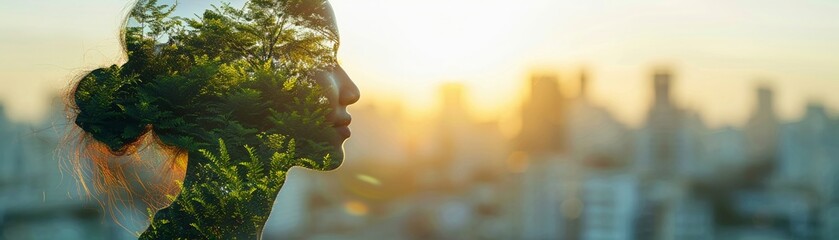 Businesswoman at a sustainable fashion show clear runway background vibrant green and white tones focus on ecotextiles copy space on the right Double exposure silhouette with ecofashion designs