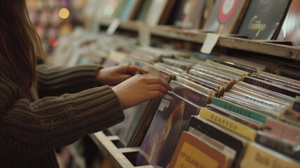 Woman's hands carefully flipping through a selection of vinyl records in a cozy music store,...