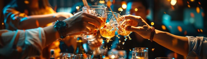 A lively izakaya scene with a group of friends sharing dishes and toasting with sake, captured from an intimate, overtheshoulder angle