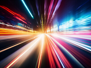 Obraz premium Blurred streaks from cars on a nighttime road in multicolor