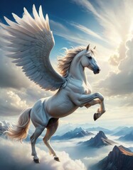 Obraz na płótnie Canvas A powerful winged horse soaring above mountain peaks under a dynamic cloudy sky.