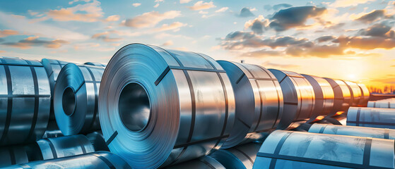 A pile of metal sheets with the sun setting in the background
