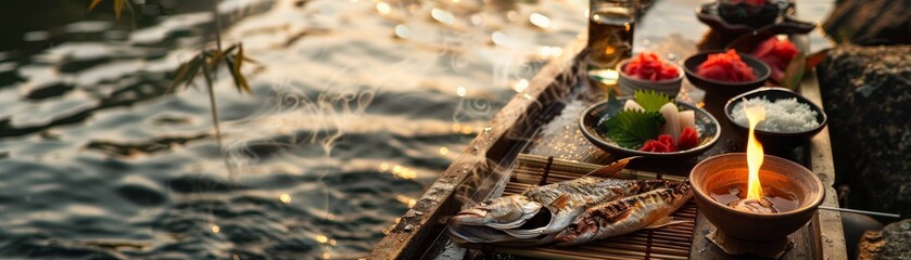 Fototapeta premium A quaint setup of a Japanese fisherman s meal with grilled ayu fish, rice, and sake, on a boat with a river backdrop, evoking a sense of tradition