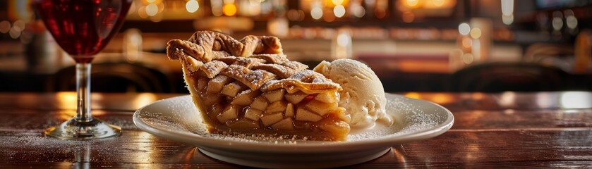 A slice of Dutch apple pie, rich filling and a perfect lattice crust, served with a scoop of vanilla ice cream, quaint Amsterdam cafe background