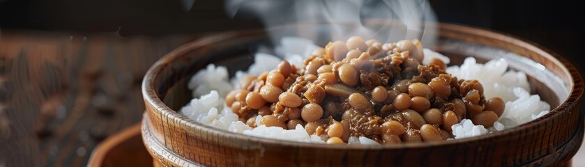 A traditional dish of natto fermented soybeans stirred and served over rice in a wooden bowl, showcasing the stringy texture vividly