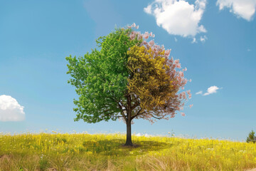 Obraz premium A tree with two different colored leaves, one green and one yellow