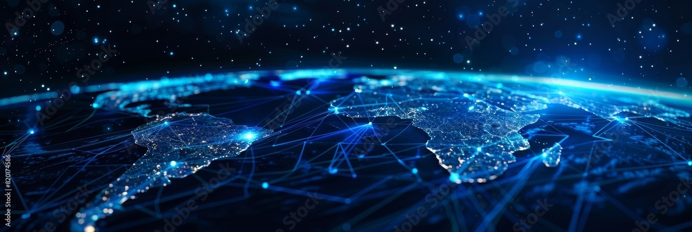 Poster Digital World Map with interconnected nodes - Digital rendering of a world map featuring interconnected nodes and pathways illustrates the concept of global data exchange