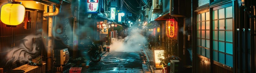 An atmospheric shot of a Japanese alley at night, lined with ramen shops, capturing the steam and neon lights, inviting a culinary adventure