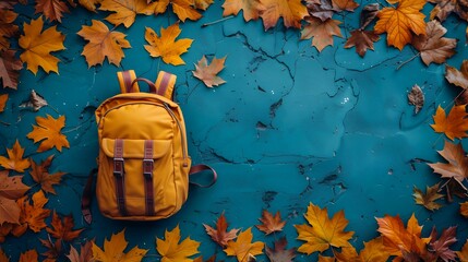 yellow backpack blue surface surrounded leaves school bag igneous rock materials anthropology beginning autumn precise vector trace found objects cold weather belongings about youth
