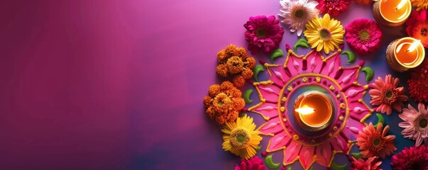 Happy Diwali - Vibrant Clay Diya Lamps Illuminated for the Festival of Lights Celebration. Colorful Traditional Oil Lamp Diyas on a Purple Background