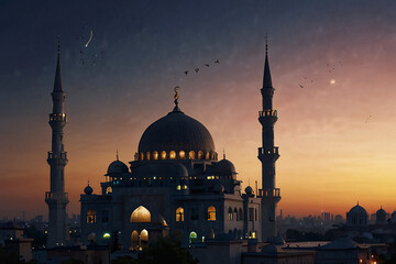 Naklejka premium Crescent Moon With Beautiful Mosque On Evening Background