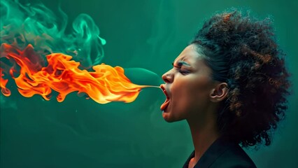 portrait of young beautiful woman spitting fire