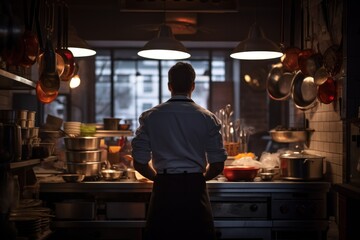 Man chef working in a well-equipped kitchen at dawn