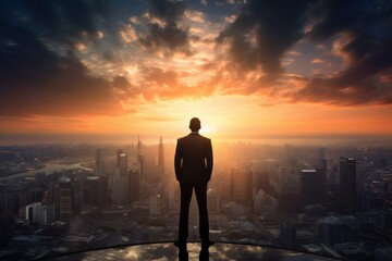 Entrepreneur in silhouette looking over city at dawn