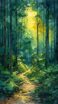 Path Forest Sun Shining Trees Large Windows Night Fireflies Flying Dungeon Background Sunlight Beams Serene Illustration Mysterious Stream Green Ocean Cute