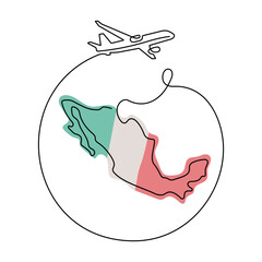 Travel Mexico one line vector illustration. Map of Mexico and airplane drawing.
