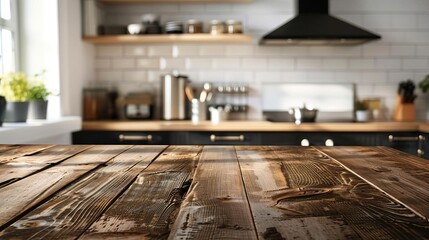 Empty wooden table top with a softly blurred kitchen room in the background, perfect for culinary shoots and food product displays