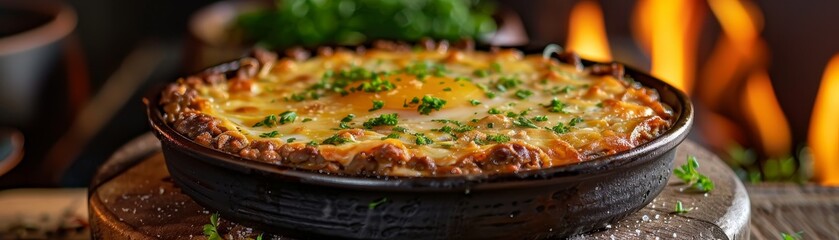 Bobotie, South African spiced minced meat baked with an egg topping, family dinner in Cape Town