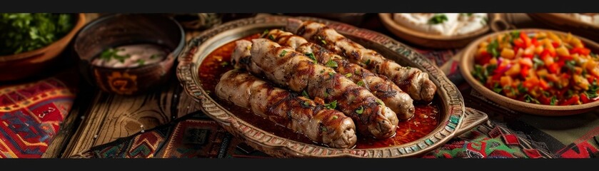 Bosnian cevapi with ajvar, grilled meat rolls, served with homemade flatbread, traditional stone courtyard, festive table with colorful textiles