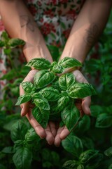 Harvest in the hands of a woman in the garden. Selective focus.