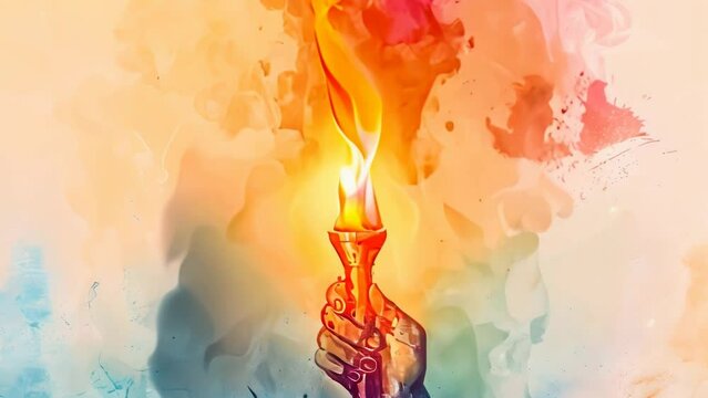 Closeup of hand holding torch with flame, in style of an aquarelle
