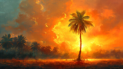 Obraz premium A lone palm tree stands on a pristine tropical beach, with clear blue skies and white, sandy shore embodying serenity and natural beauty. AI generative.