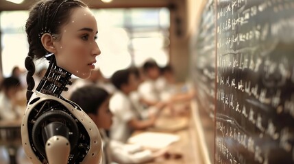 robot standing front blackboard female cyborg japanese young classroom princess