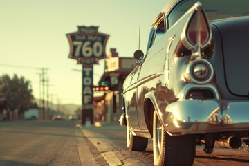 Bathed in warm golden hour lighting, a vintage car by a Route 66 sign and an antique shop in the background creates a nostalgic scene with soft shadows.