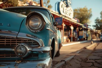 Naklejka premium The golden hour light casts soft shadows on a vintage car parked near a Route 66 sign, with an antique shop in the background, creating a nostalgic scene.
