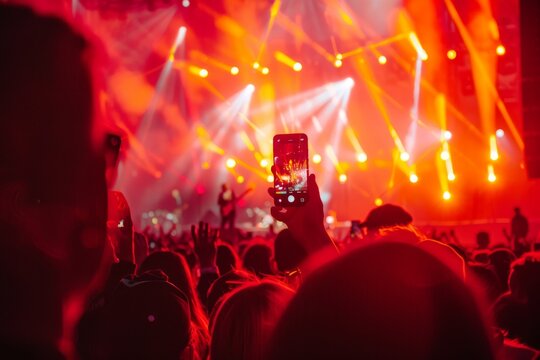 At an open-air concert in Chicago, attendees capture the sunset-lit stage with their smartphones and cameras, blending vibrant colors with the excitement of live music.