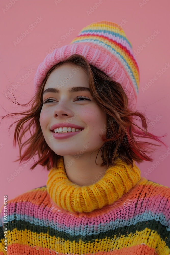 Wall mural woman sweater knitted hat cheerful face soft teen short hair huge smile round cropped profile prince