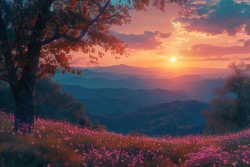 The photographer captures the sunset over the Smoky Mountains, reflecting joy in the vibrant colors and serene landscape, with every detail of the flora illuminated.