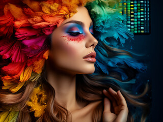 Fototapeta premium Brush placed against a colorful spectrum backdrop, serving as a guide