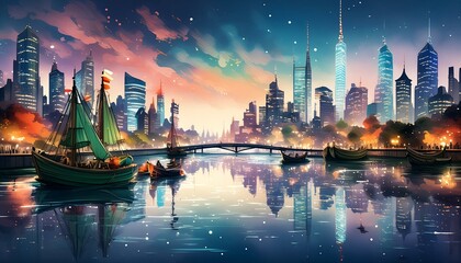 Obraz premium A calm river reflecting the shimmering lights of a city skyline at night.