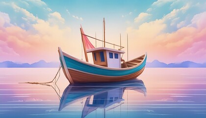 Naklejka premium A detailed fishing boat anchored close to shore at sunrise, with soft pastel hues in the sky