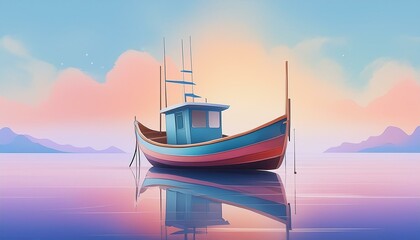 Naklejka premium A detailed fishing boat anchored close to shore at sunrise, with soft pastel hues in the sky