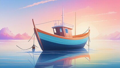 Naklejka premium A detailed fishing boat anchored close to shore at sunrise, with soft pastel hues in the sky