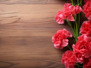 Carnations grace a wooden backdrop from a top-down perspective, room for text