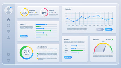 User-friendly Dashboard With Various Panels Displaying Infographics, Statistical Data, Metrics Such As Percentages