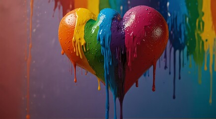 Two hearts with rainbow paint dripping down them, creating a vibrant and colorful image.