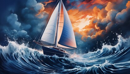 sailing in the ocean. A dramatic scene of a sailboat battling waves with storm clouds in the background. 