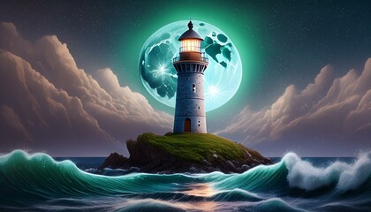  A lighthouse illuminated by a full moon, with the moonlight reflecting on the water. 